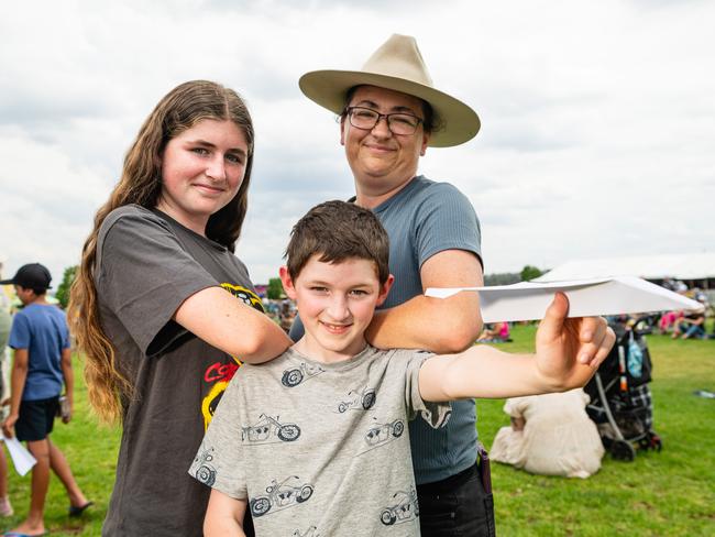 At Wellcamp Airport 10th anniversary community day are (from left) Kirra, Zane and Sam Peacock, Sunday, November 10, 2024. Picture: Kevin Farmer