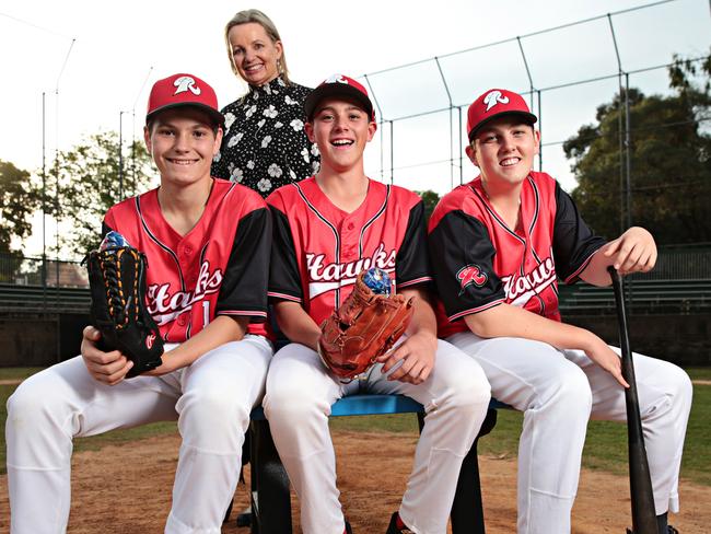 SYDNEY, AUSTRALIA- News Wire photos APRIL 28 2021- (LR) Christian Lane (14), Hon. Susan Ley MP, Matthew Harris (14) and Daniel Thwaites (14) pose for a photo with some soft plastic base balls made out of used chip bags at ELS Hall park in North Ryde. Picture: NCA News Wire / Adam Yip