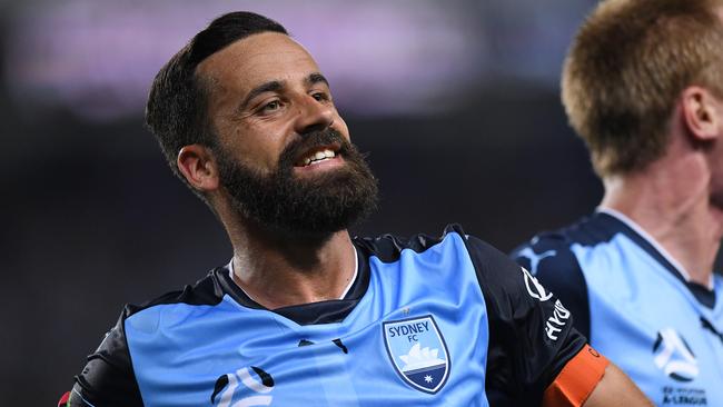 Sydney FC captain Alex Brosque celebrates scoring in the final minute against Melbourne City.