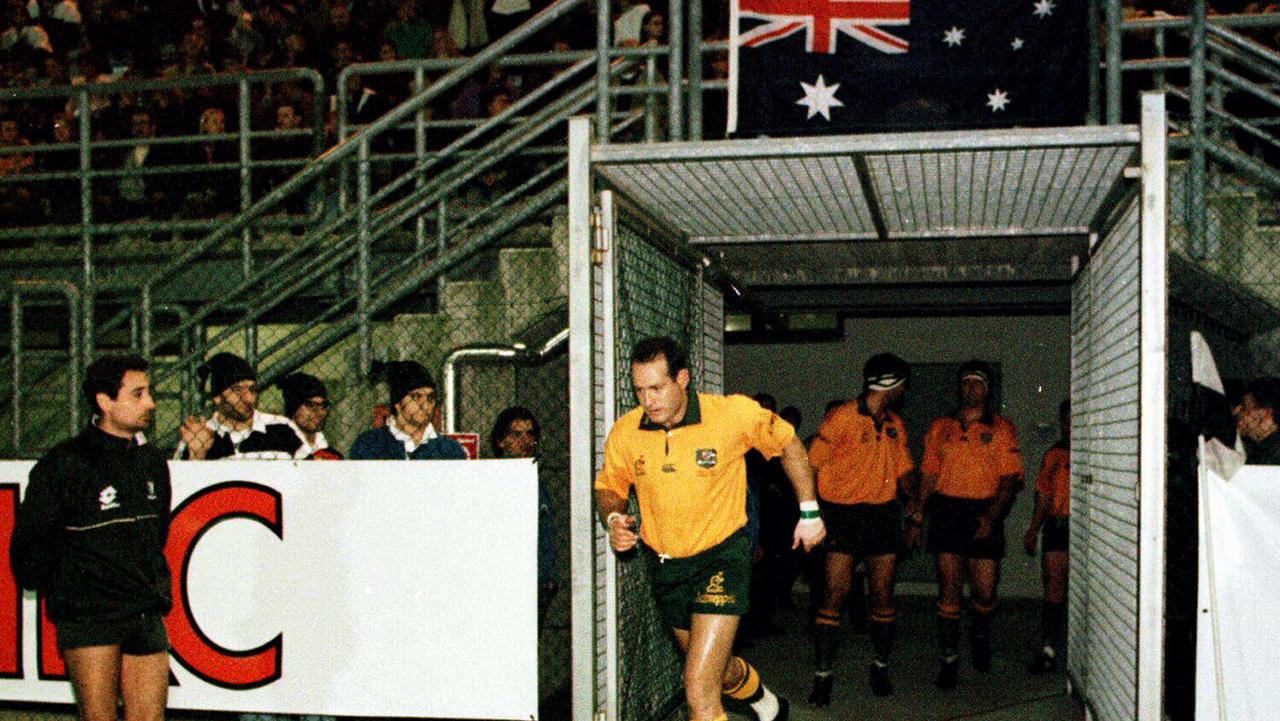 David Campese leads Wallabies teammates out onto field for his 100th RU test match for Australia against Italy in Padova.