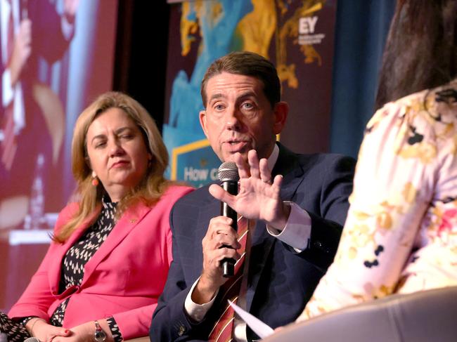 Premier Annastacia Palaszczuk looks on as Treasurer Cameron Dick speaks at an ALP post-budget lunch in Brisbane on June 22. Picture: Steve Pohlner