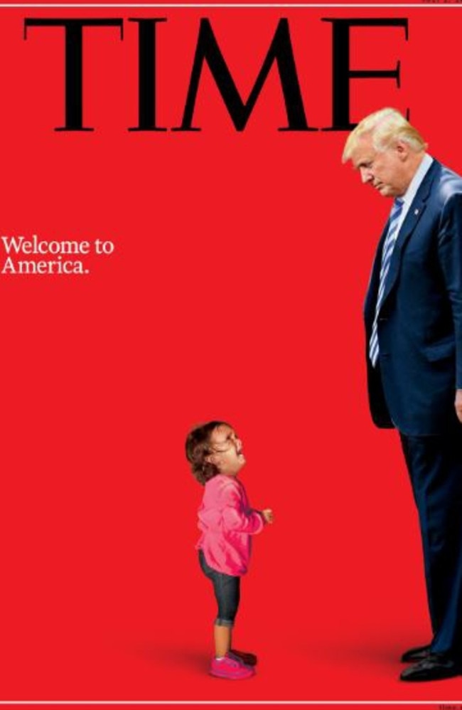 TIME magazine cover shows Donald Trump towering over a crying child. Picture: TIME