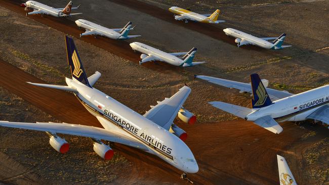 Grounded aircraft pictured in May 2020 at the Asia Pacific Aircraft Storage in Alice Springs. Picture: Getty Images