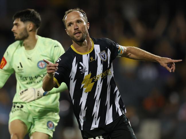 SYDNEY, AUSTRALIA - JANUARY 25: Valere Germain of the Bulls celebrates scoring a goal during the round 16 A-League Men match between Macarthur FC and Melbourne City at Campbelltown Stadium, on January 25, 2025, in Sydney, Australia. (Photo by Mark Evans/Getty Images)