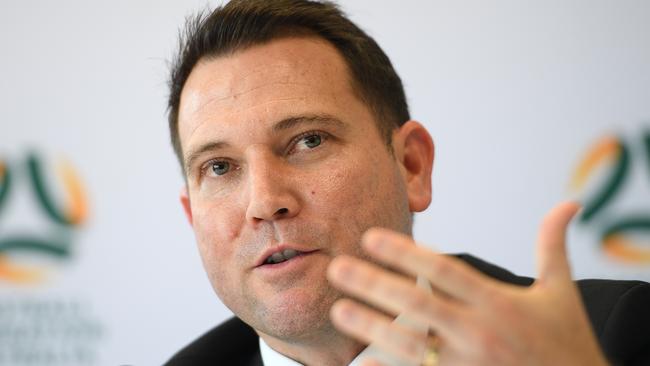 Newly appointed FFA CEO James Johnson speaks to the media during a press conference at the Football Federation Australia (FFA) headquarters in Sydney, Wednesday, January 15, 2020. (AAP Image/Dan Himbrechts) NO ARCHIVINGIncoming FFA CEO James Johnson speaks to the media during a press conference at the Football Federation Australia (FFA) headquarters in Sydney, Wednesday, January 15, 2020. (AAP Image/Dan Himbrechts) NO ARCHIVING