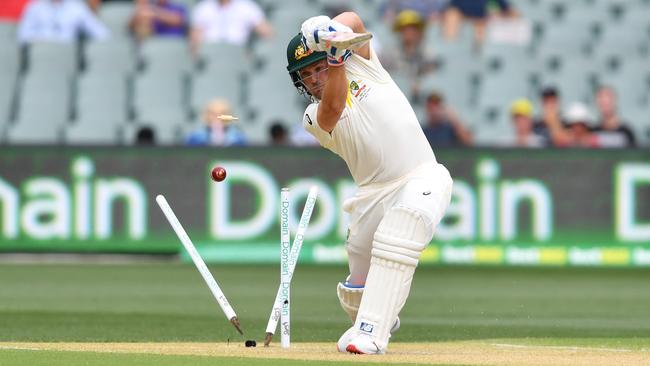 Aaron Finch has his castle rattled on day one. Picture: AAP