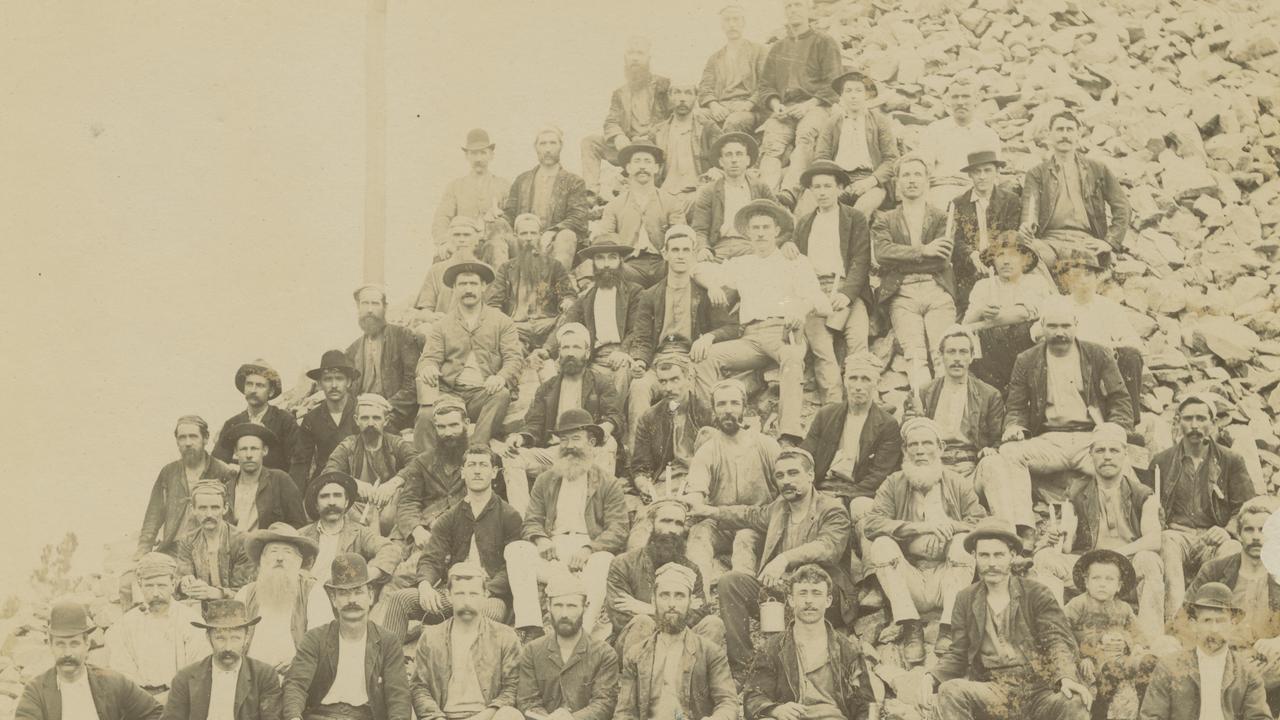 This historic photograph of shows Gympie miners during the Queensland gold rush.