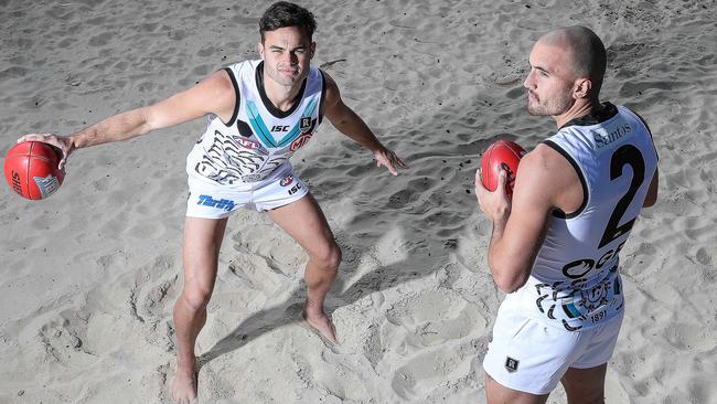 Port Adelaide’s Karl Amon and Sam Powell-Pepper model the 2020 indigenous jumper. Picture: Sarah Reed