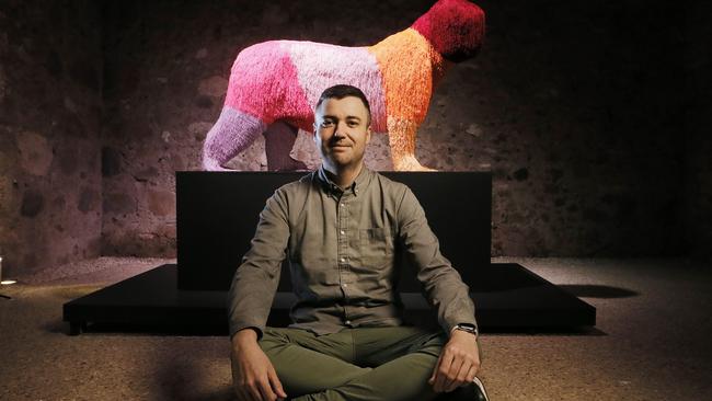 Brunswick-based artist Troy Emery with some of the pieces from his Wildlife exhibition at Rosy Barn, for the Clarence City Council and Dark Mofo. Picture: MATHEW FARRELL