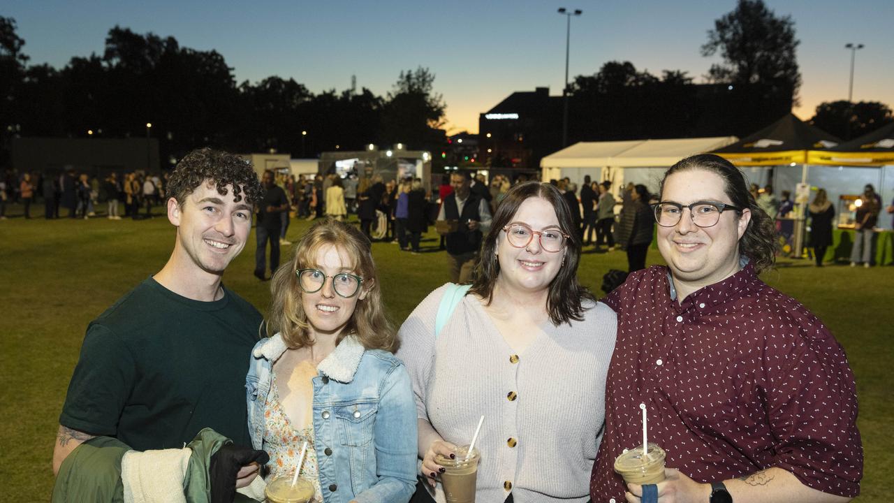 At the Symphony Under the Stars concert performed by the Queensland Symphony Orchestra are (from left) Cory Brett, Portia Baskerville, Kirsten Anger and Josh Gale in Queens Park Amphitheatre for Carnival of Flowers, Friday, October 4, 2024. Picture: Kevin Farmer