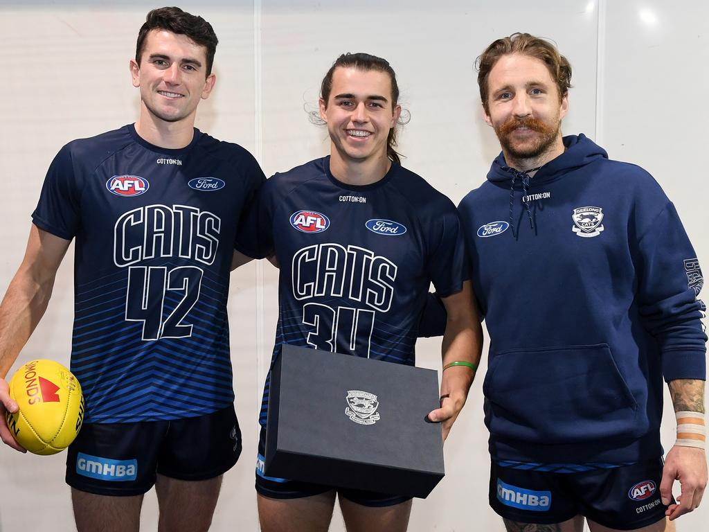 Geelong’s Irish trio Mark O'Connor, Oisin Mullin and Zach Tuohy. Picture: Morgan Hancock/AFL Photos