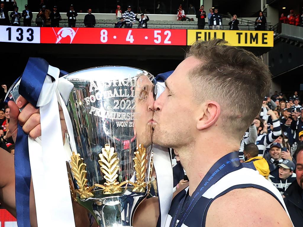 2022 AFL Grand Final between the Geelong Cats and Sydney Swans at the MCG. Geelong Cats Captain Joel Selwood kisses the Premiership Cup during the victory lap. Picture: David Caird