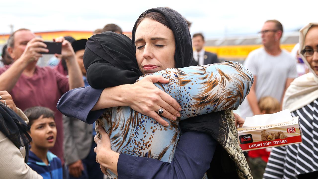 Prime Minister Jacinda Ardern hugs a woman at the Kilbirnie Mosque on March 17, 2019 in Wellington, New Zealand. Picture: Hagen Hopkins/Getty Images