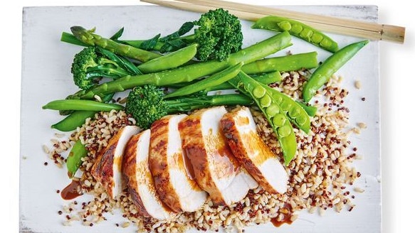 Japanese chicken with greens and rice.