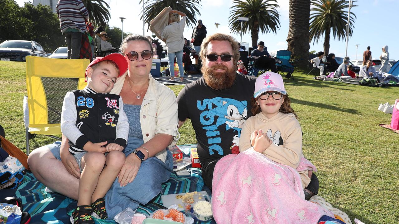 Catherine, Troy, Jackson and Lillion Johnston. Locals and visitors arrived early to get a good spot for the Geelong New Years Eve celebrations. Picture: Alan Barber