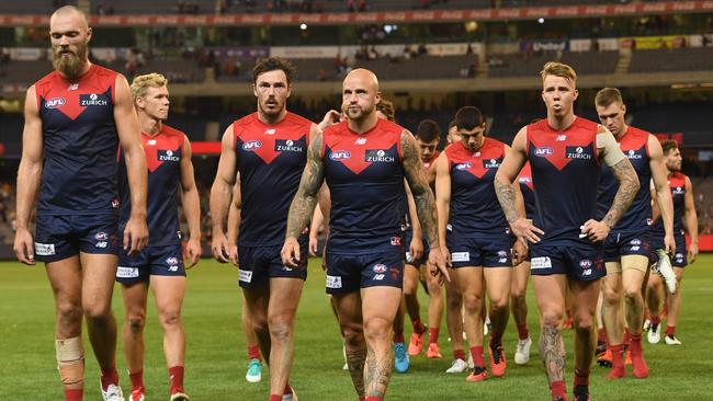 Melbourne was despondent after a third straight loss — it’ll only get worse if they can’t topple the Swans. Picture: AAP