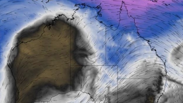 Modelled precipitable water and 850hPa wind, showing northeasterly wind carrying moisture-laden air from Australia’s northeast tropics towards South Australia.