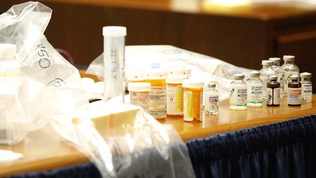 The drugs found at Michael Jackson’s house were presented to the court at Dr. Conrad Murray’s trial. Picture: Mario Anzuoni/AP