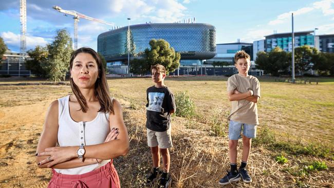 Carla Caruso of Hawthorn with her twin boys Sebastian &amp; Alessio Elsby at Helen Mayo Park. Picture: Russell Millard