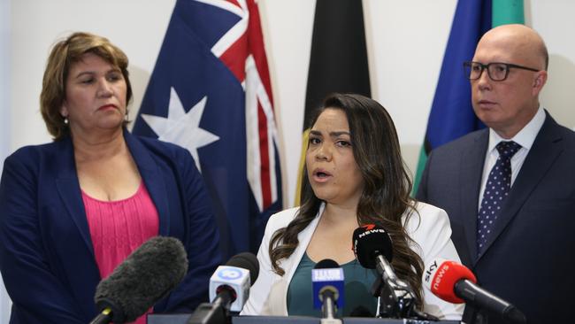 No proponents: Senator Kerrynne Liddle, Senator Jacinta Nampijinpa Price and Opposition Leader Peter Dutton at a press conference in Adelaide. Picture: NCA/NewsWire Emma Brasier