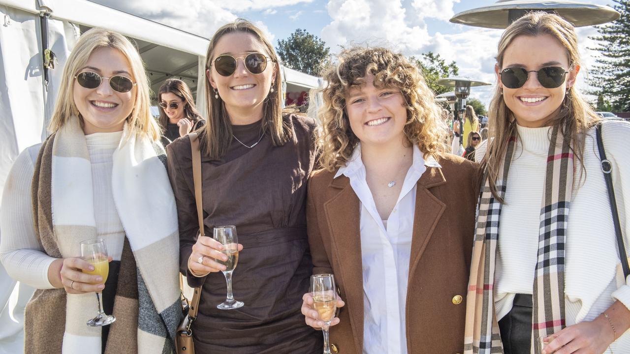 (from left) Anna Ogden, Milly Coleman, Lauren Bougoure, Abby Brown. Rangers Ladies Day at Gold Park. Saturday, May 28, 2022. Picture: Nev Madsen.