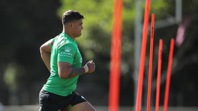 SYDNEY, AUSTRALIA - MARCH 15: Latrell Mitchell runs during a South Sydney Rabbitohs NRL training session at Redfern Oval on March 15, 2021 in Sydney, Australia. (Photo by Matt King/Getty Images)