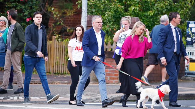 Federal Labor leader Anthony Albanese with partner Jodie Haydon, son Nathan and dog Toto.   Picture: Sam Ruttyn