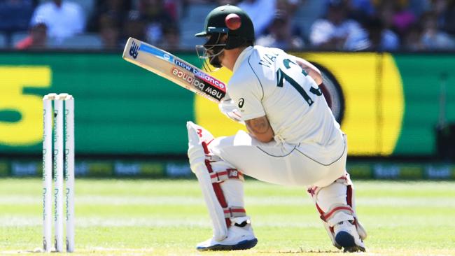 Matthew Wade is hit on the helmet on day one. Picture: AFP