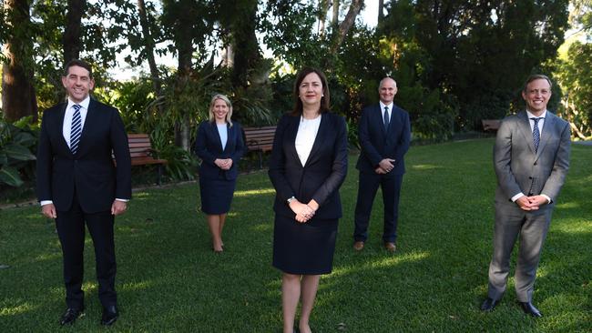 Annastacia Palaszczuk and her newly sworn ministers (L to R) Treasurer Cameron Dick, Minister for State Development Kate Jones, Minister for Regional Development and Manufacturing Glenn Butcher and Deputy Premier Steven Miles.