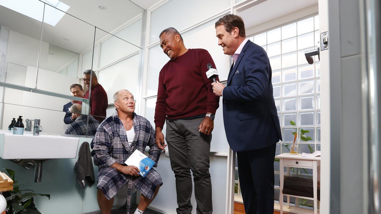 Ex-NRL players, Geoff Toovey and Petero Civoniceva with NRL commentator Andrew Voss, on the set of a new advertisement to bring awareness to bowel cancer screening. Picture: Richard Dobson