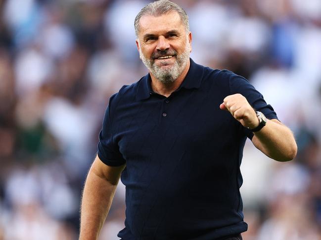 LONDON, ENGLAND - AUGUST 19: Ange Postecoglou, Manager of Tottenham Hotspur, celebrates following the team's victory during the Premier League match between Tottenham Hotspur and Manchester United at Tottenham Hotspur Stadium on August 19, 2023 in London, England. (Photo by Clive Rose/Getty Images)