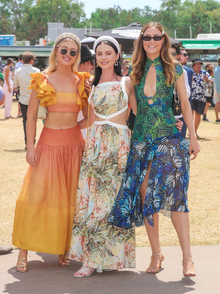 Having a ball at The Great Northern Darwin Cup at Fannie Bay Turf Club Lisa Andrews Kayla Robinson and Grace Niblock. Picture: Glenn Campbell