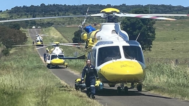 Rescue helicopters at the scene of the crash. Picture: LifeFlight