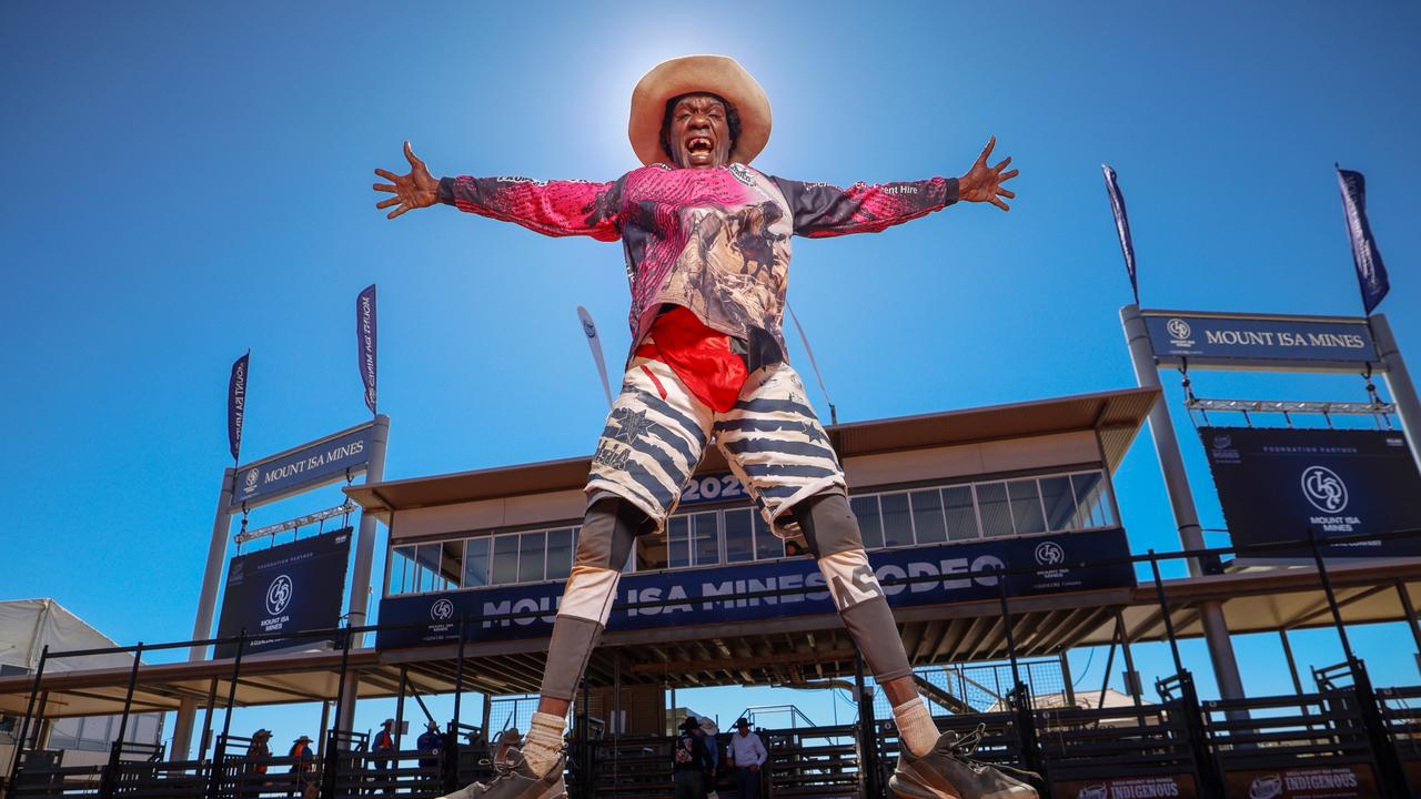 Rodeo clown Dexter Dick at the Mount Isa Rodeo. Photo: Peter Wallis.