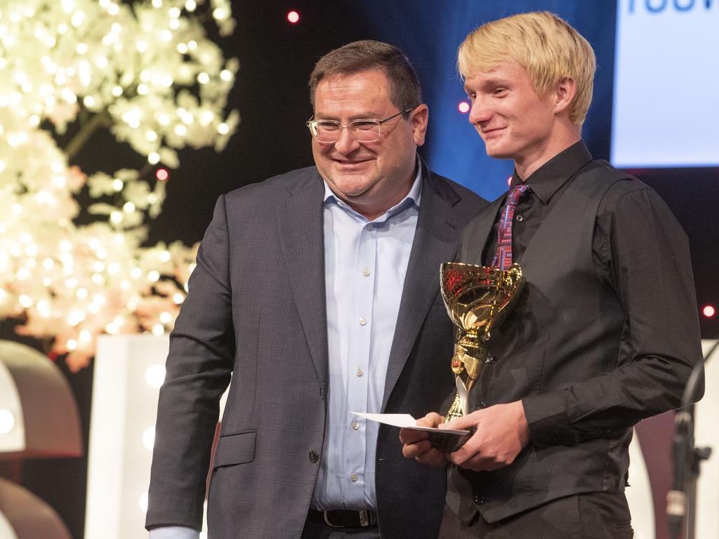 Geordie Cowdroy received the Junior Sports Star of the Year Runner-Up from David Russell, Toowoomba Land Rover. Sports Darling Downs Sports Stars of the Year dinner. Saturday, February 11, 2023. Picture: Nev Madsen.