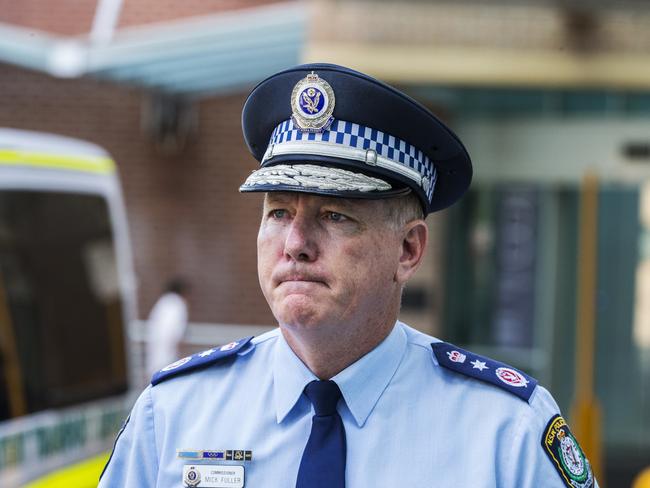 NSW Police Commissioner Mick Fuller visits the two police officers on Saturday morning at Liverpool Hospital and addresses the media. Picture: Jenny Evans