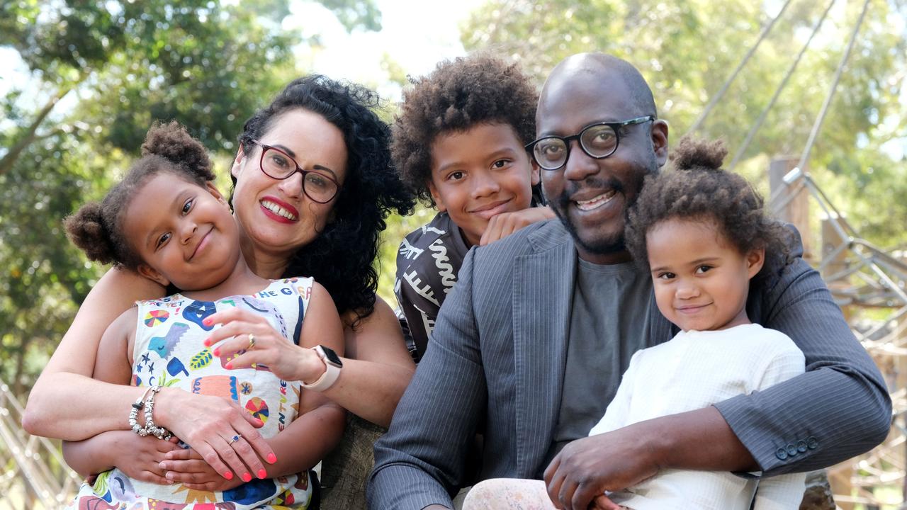 The Adedoja family including mum Lucretia, dad Niyi, children Lucias, 8, Franki, 5, and Zuli, 3, call Highton home after moving here from Melbourne. Picture: Mark Wilson