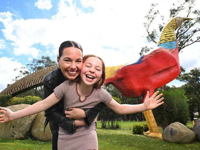 Victoria's big things. Ten years ago, Belinda was on the way to hospital but pulled over and gave birth at Gumbuya World Theme Park, under the Big Pheasant (known as Bruno). Her daughter Indie is now aged 10. Picture: Josie Hayden