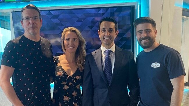 B105's Stav Davidson, Abby Coleman and Matty Acton with Queensland Premier David Crisafulli. Photo: Instagram/@b105brisbane