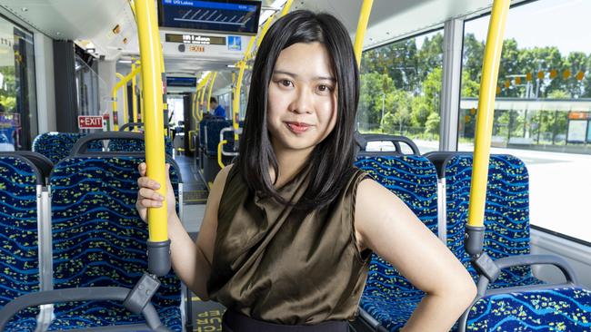 Courier-Mail journalist Grace Koo on board Brisbane Metro. Picture: Richard Walker