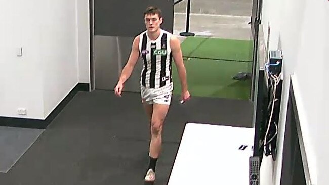 A dejected Darcy Moore in the Collingwood rooms after injuring his hamstring. Picture: Fox Footy