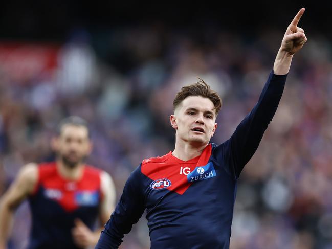 MELBOURNE - June 12 : AFL. Bailey Fritsch of the Demons celebrates a 2nd quarter goal  during the round 13  AFL match between Melbourne and Collingwood at the MCG on June 12 , 2023, in Melbourne, Australia. Photo by Michael Klein.