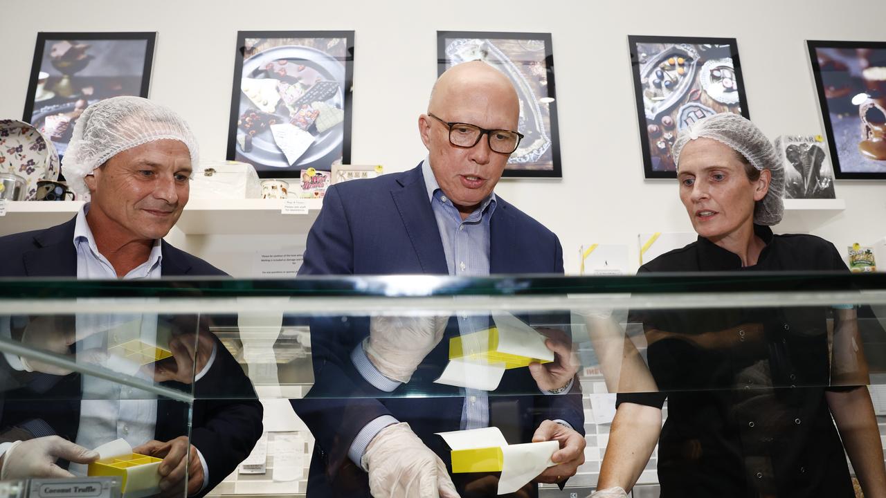 Peter Dutton visited Luka Chocolates near Wyong in the Dobell electorate of NSW on his final stop of the day. Picture: Richard Dobson / Newswire