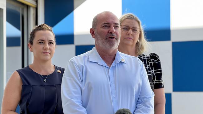 Chief Minister Lia Finocchiaro, Treasurer Bill Yan and Attorney-General Marie-Clare Boothby Picture: Fia Walsh.