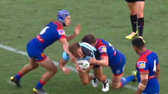 Ponga makes his first tackle in the set.