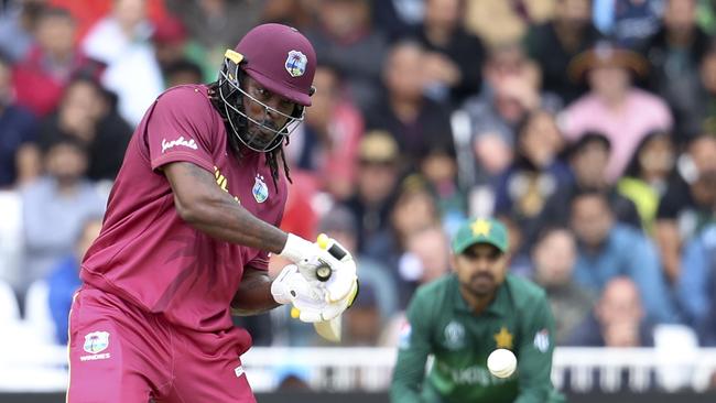 Eye on the prize: Chris Gayle plays a shot against Pakistan. Picture: AP