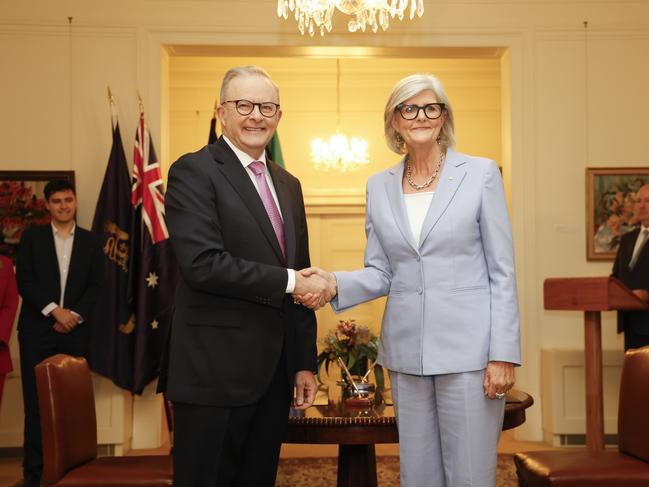 Anthony Albanese poses with the Governor-General of Australia Sam Mostyn after being sworn in. Picture: Hilary Wardhaugh/Getty Images