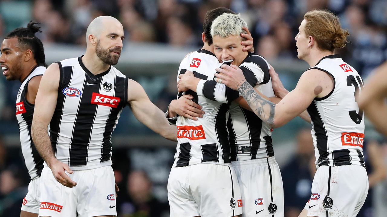 Jack Ginnivan of the Magpies celebrates a goal. Picture: Dylan Burns