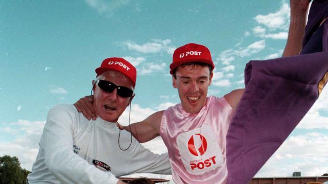 Len Templar (left) celebrating with Rodney Matthews after he won the Stawell Gift in 1999. Picture: Michael Klein.