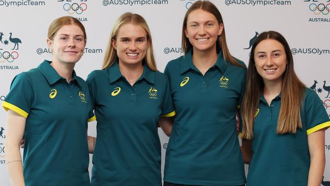 The Matildas attending their first Olympics, from left Cortnee Vine, Kaitlyn Torpey, Clare Hunt and Clare Wheeler. Picture: Getty Images